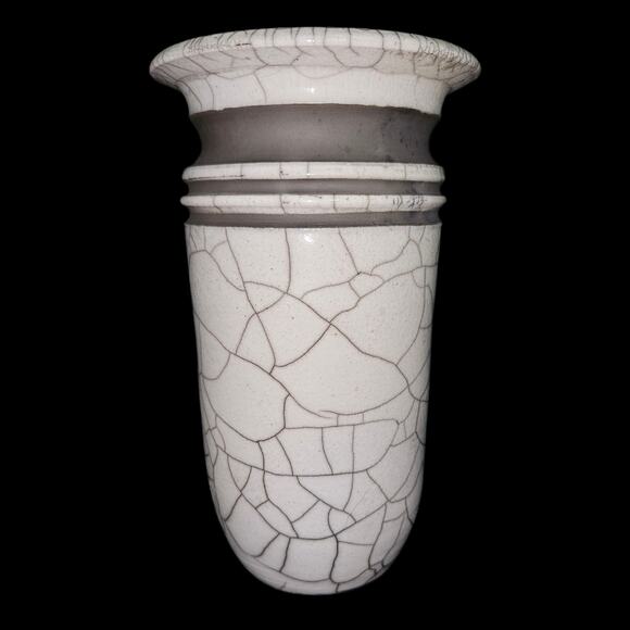 Vintage Studio Pottery Vase Signed Crackle Glaze 8.5" Tall Modernist White Gray - Picture 1 of 7
